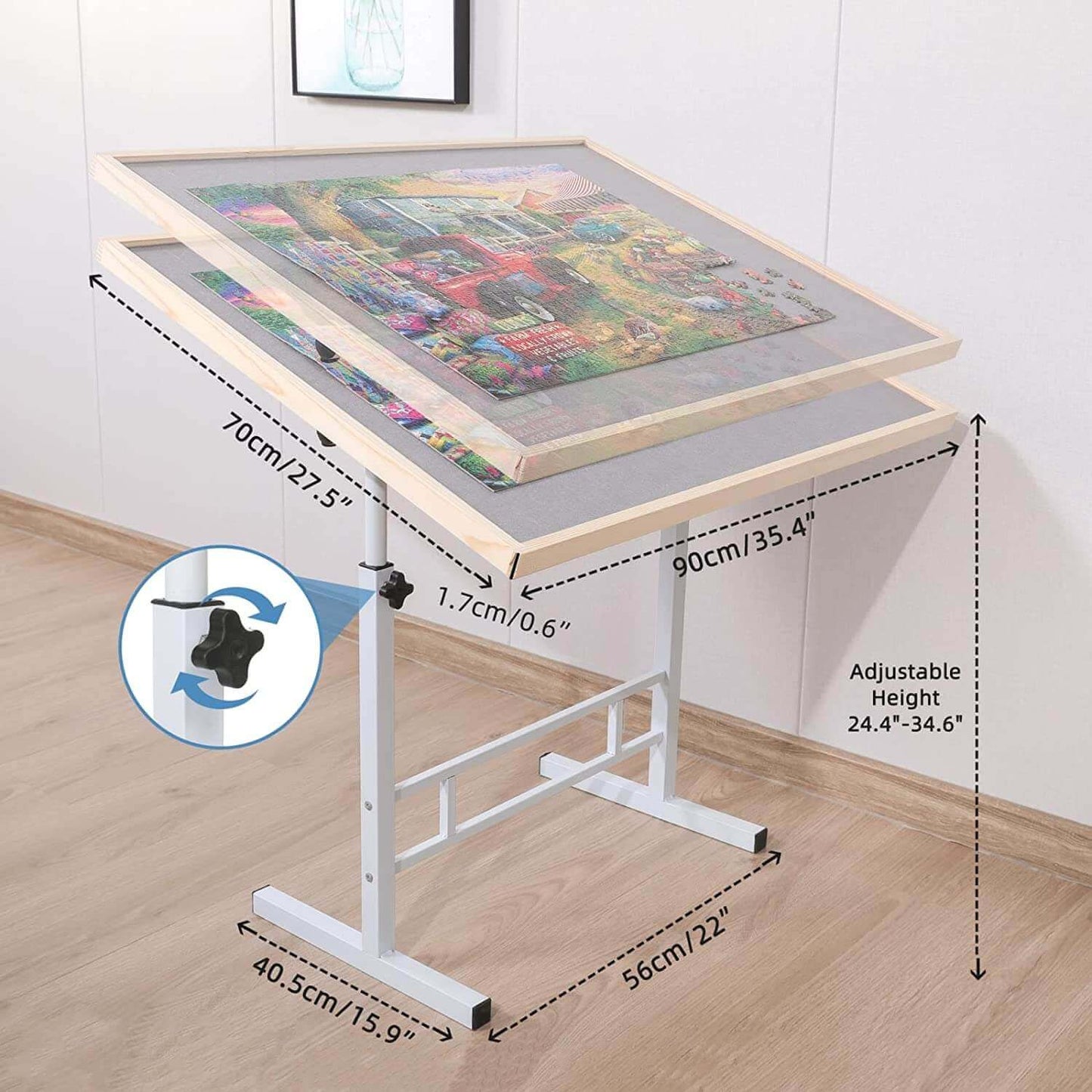 Fanwer jigsaw puzzle table with adjustable iron legs and puzzle board, the adjust button