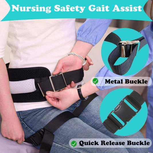 Fanwer transfer gait belt with handles & leg straps for transfer aids, one is helping the other buckle up