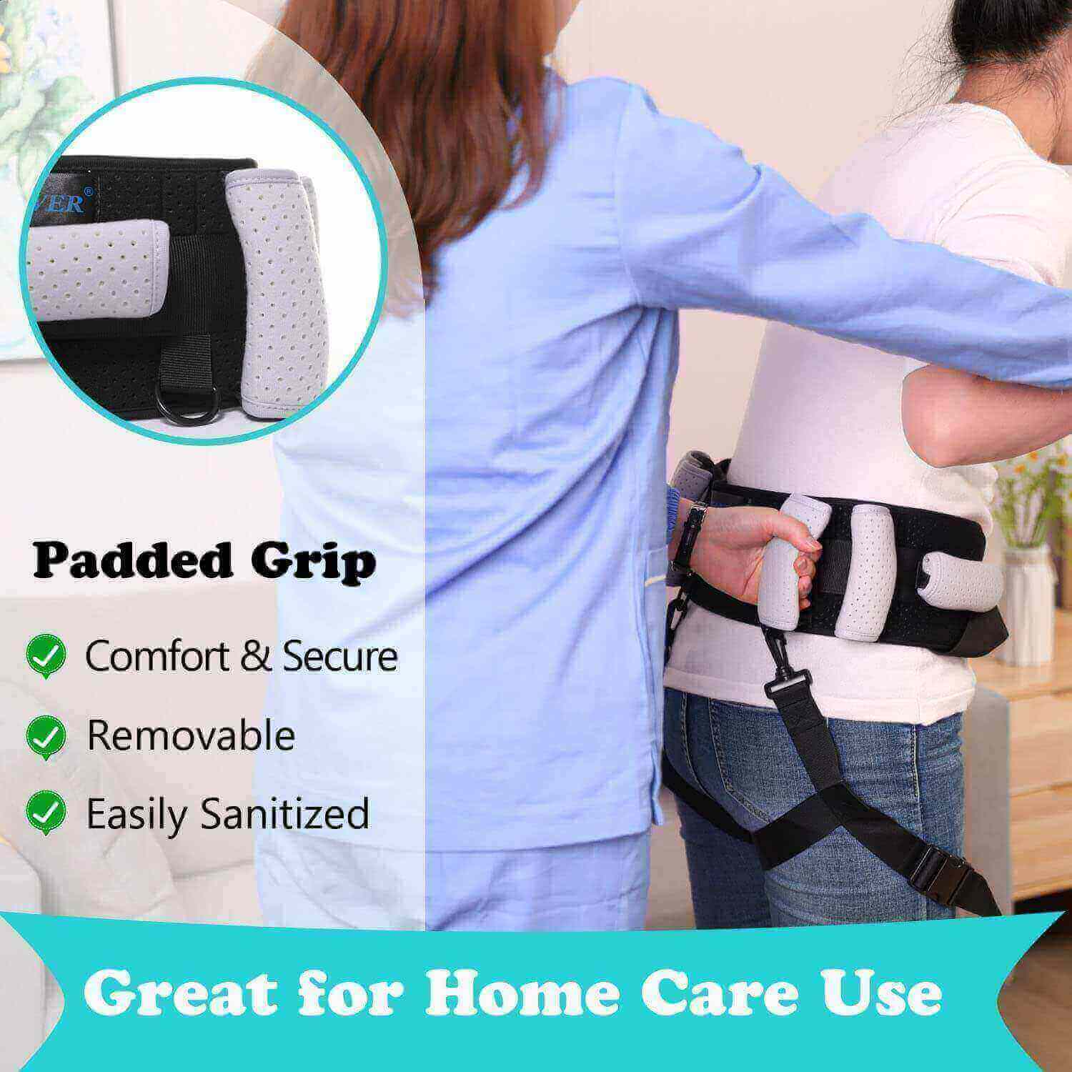 Fanwer transfer gait belt with handles & leg straps for transfer aids, one is helping the other walk