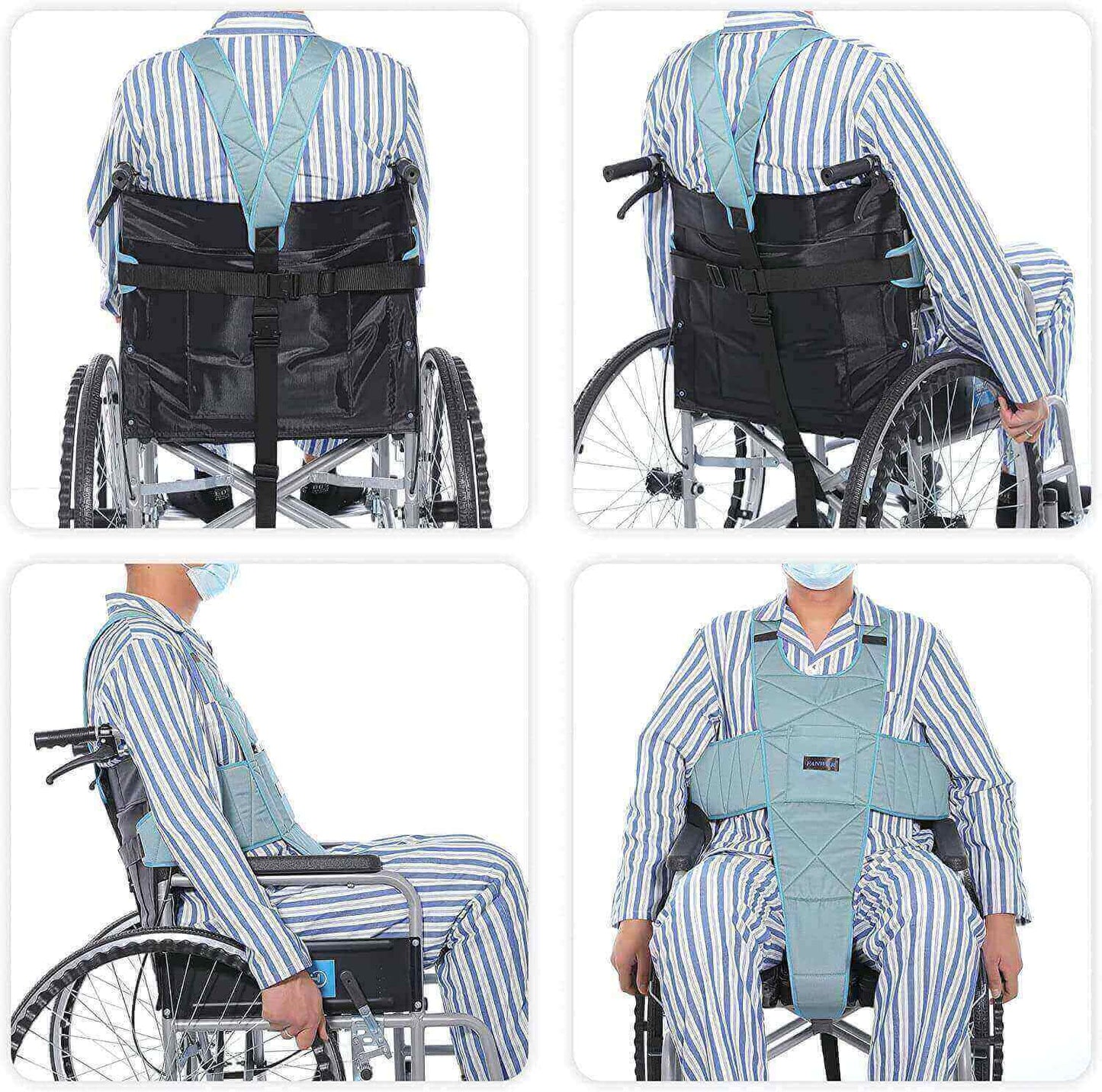 Fanwer wheelchair seat belt restraints with metal buckle guard, four sitting gestures show