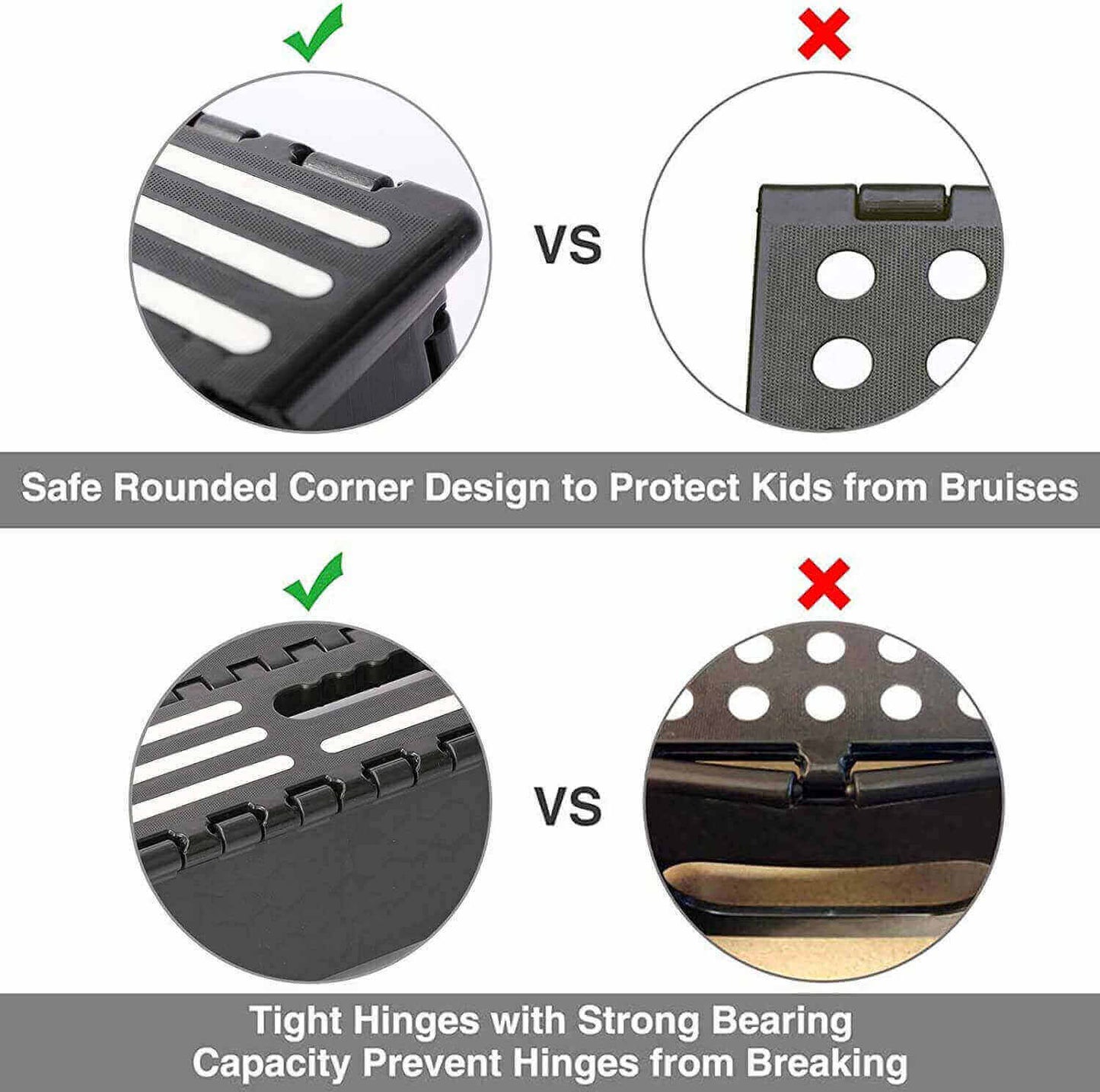 Lightweight plastic folding step stool in black, comparison with similar item
