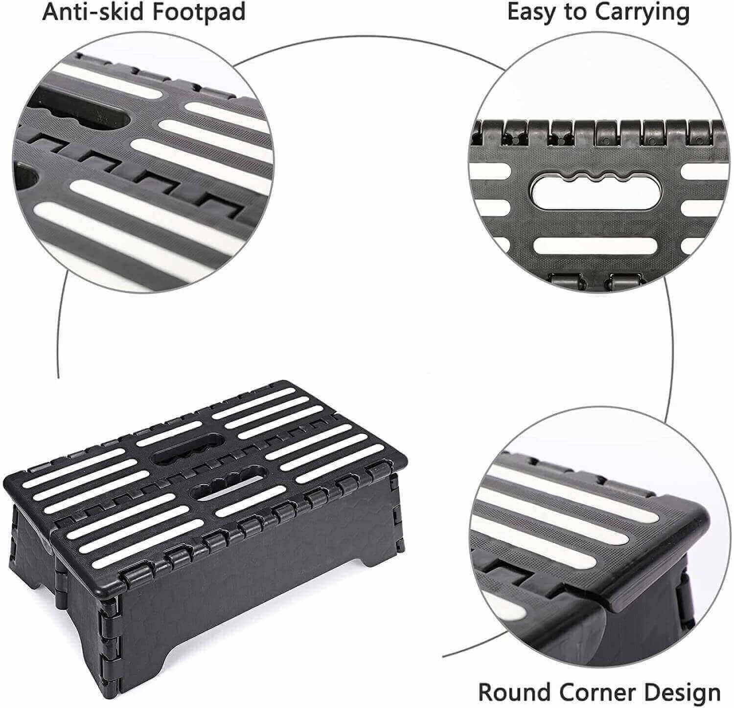 Lightweight plastic folding step stool in black, portability