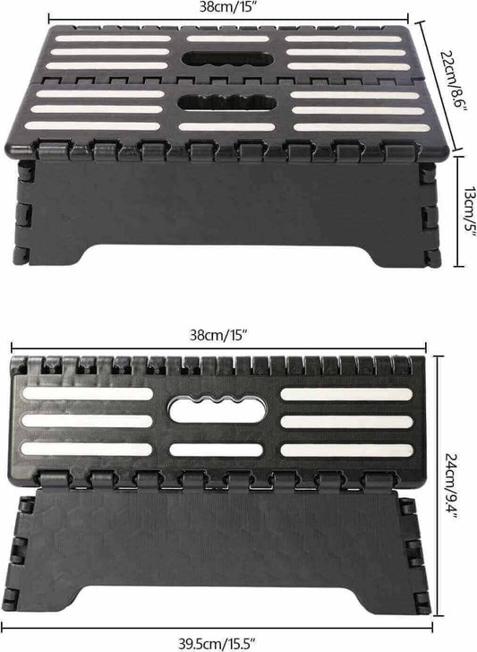 Lightweight plastic folding step stool in black, sizes of the item