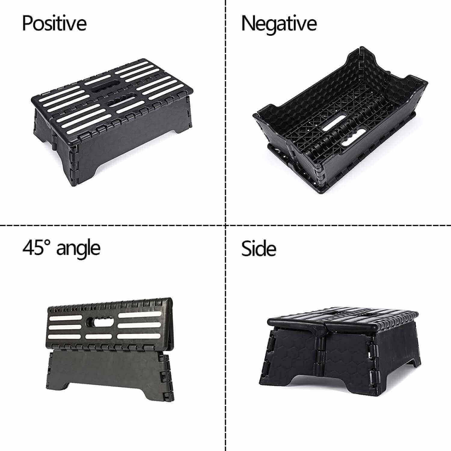 Lightweight plastic folding step stool in black, view of directions of the item