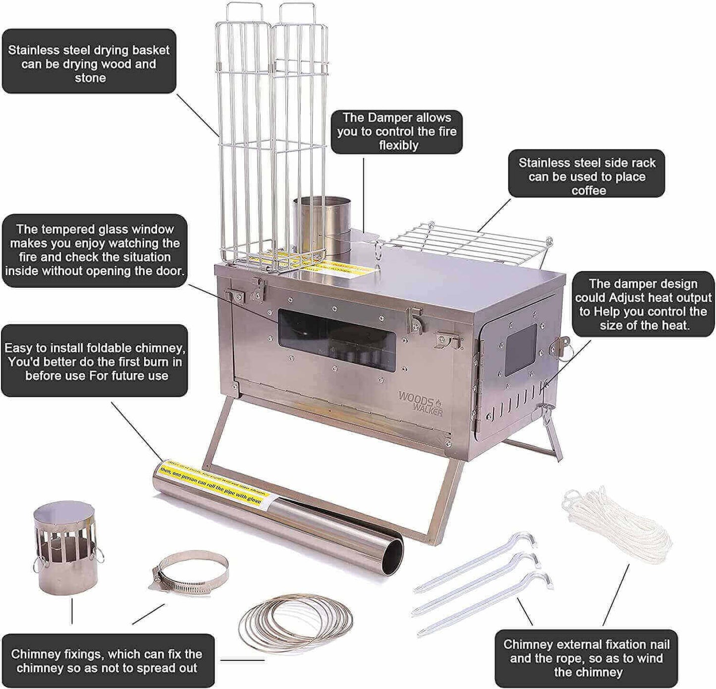 Portable tent wood burning stove with chimney for backpacking and camping, item details