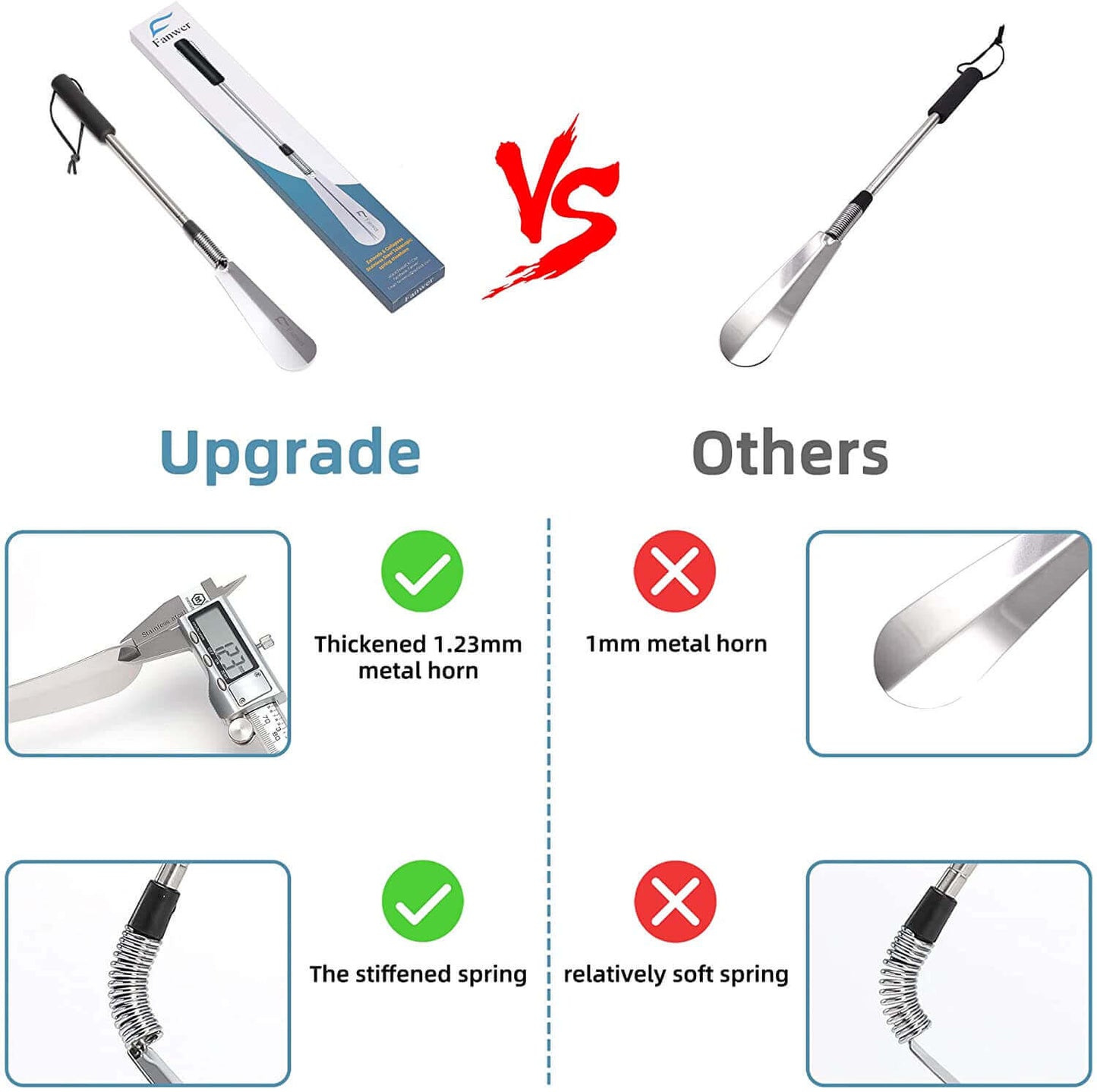 Premium Metal Shoe Horn with Long Handle, Made of Stainless Steel, image of comparing fanwer's with other brands