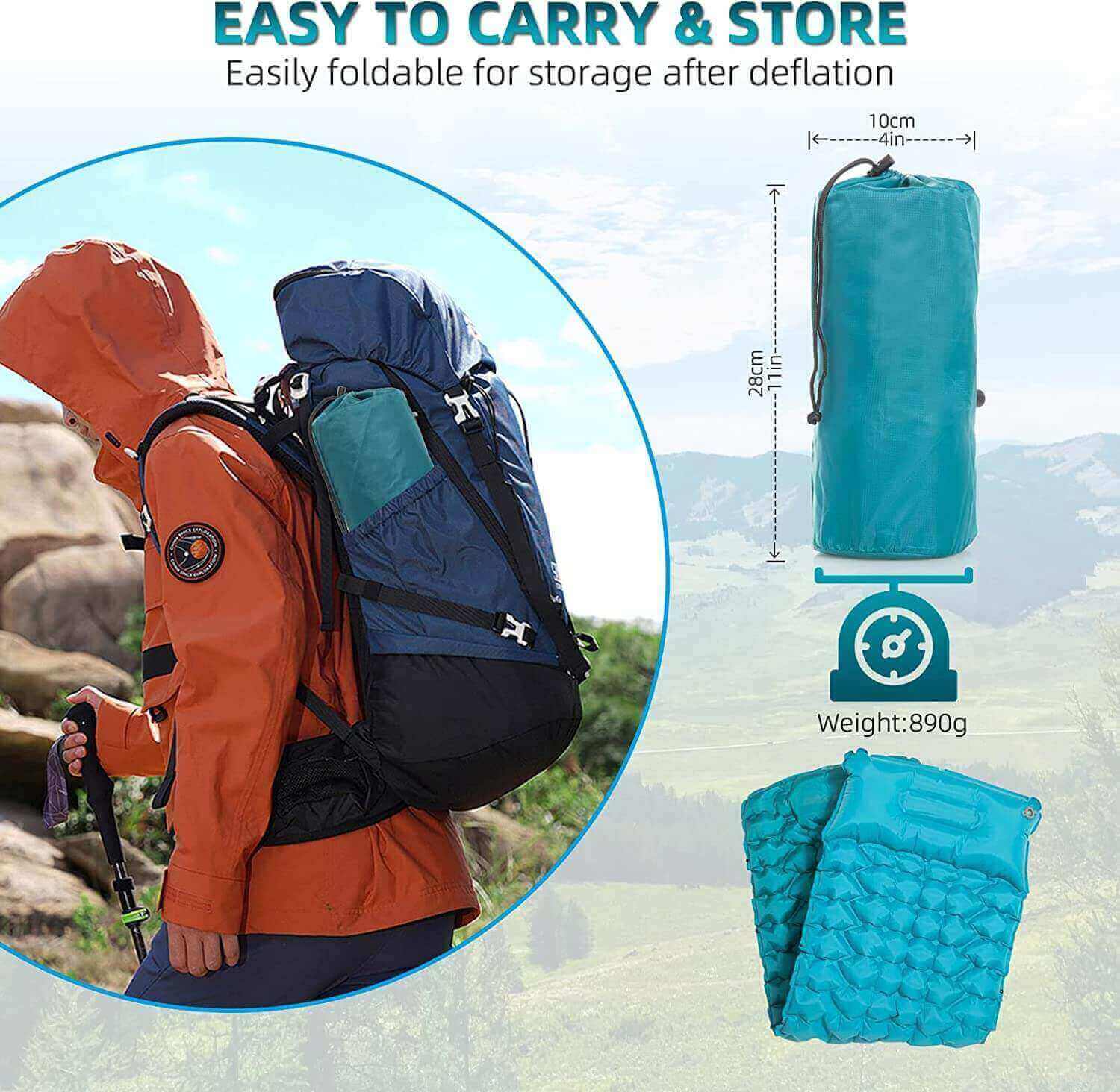Self inflating camping mat with pillow, easy to carry
