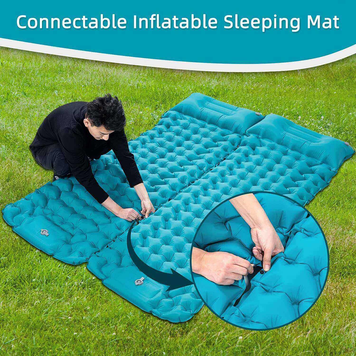Self inflating camping mat with pillow, inflate and deflate sys