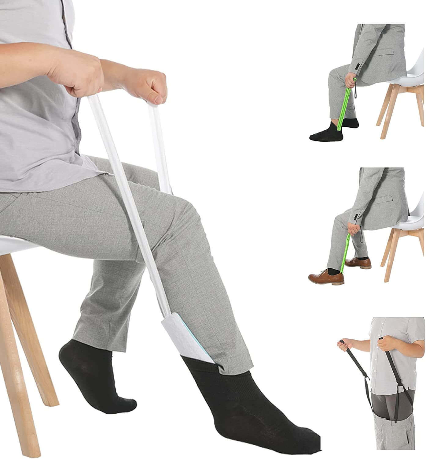 Shoe Horn, Sock Aid, Pants Assist Set of Fanwer for Elderly & Seniors, user using examples