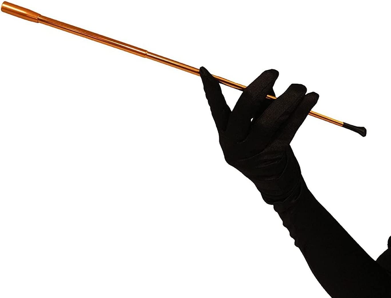 slim gold Audrey Hepburn cigarette holder for women and men, prop style in a hand with black glove
