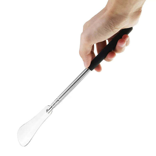 Telescopic Shoe Horn by Fanwer with Extendable Stainless Steel Handle, a hand and the item