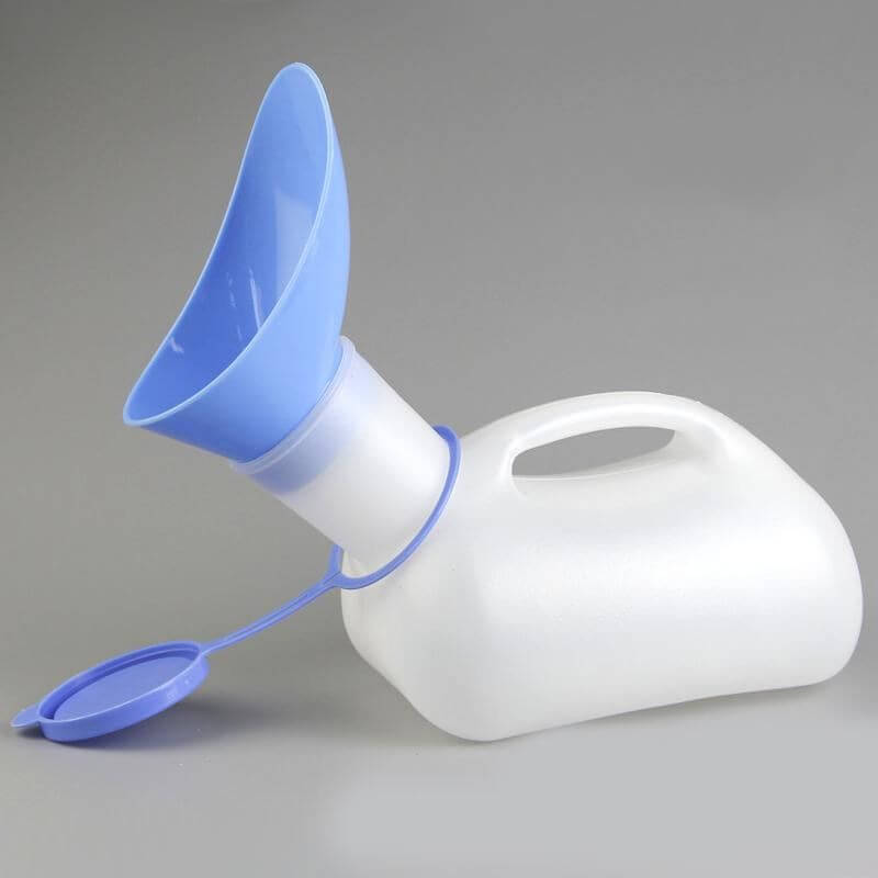 Unisex urinal with lid is a 1000ml portable urinal, grey background