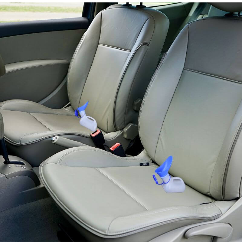 Unisex urinal with lid is a 1000ml portable urinal, on car seats