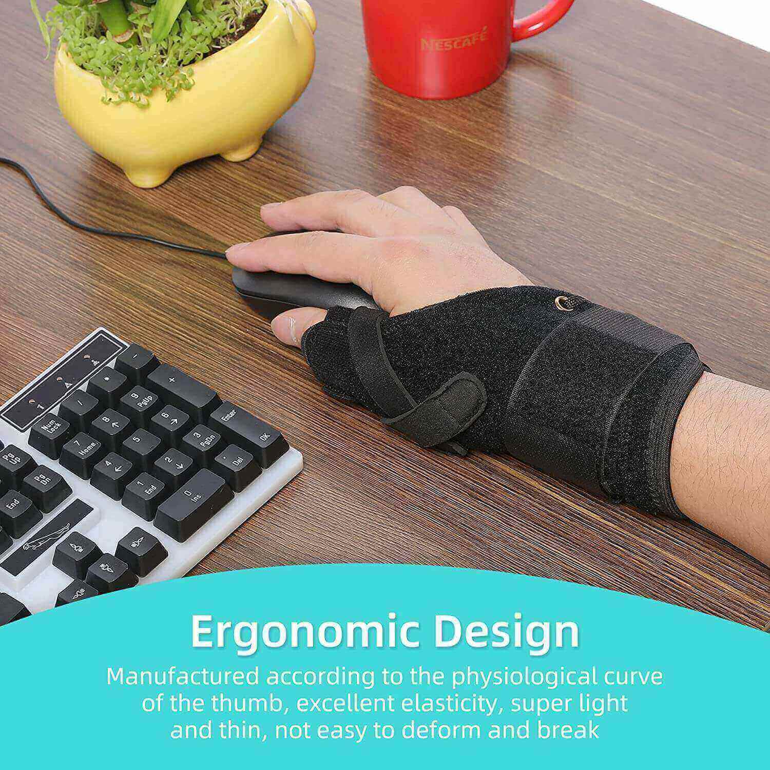 wrist thumb spica splint, hand brace for de Quervain's tenosynovitis, one hand gripping mouse