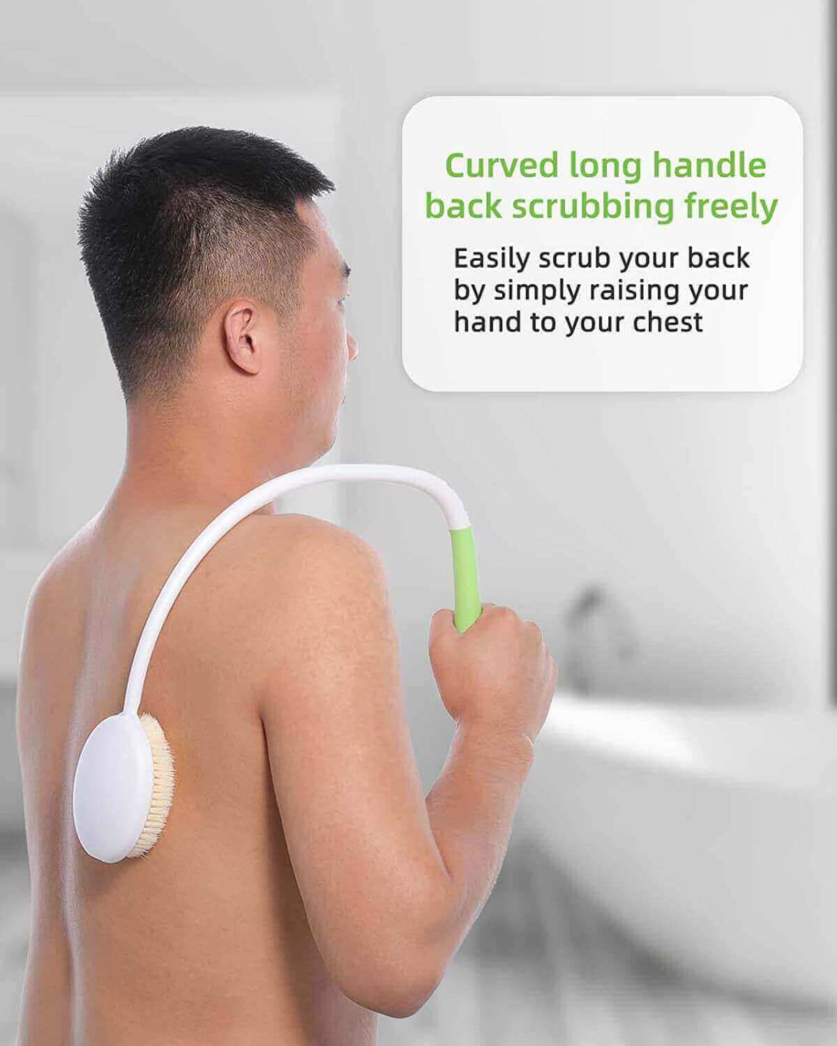 fanwer long-handle curved bath brush for back scrub, man is using the curved handle bath brush