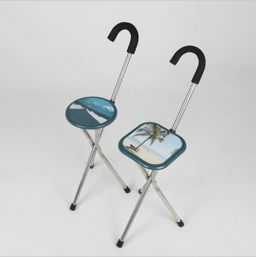  folding cane chair walking stick with tripod stool, side photo