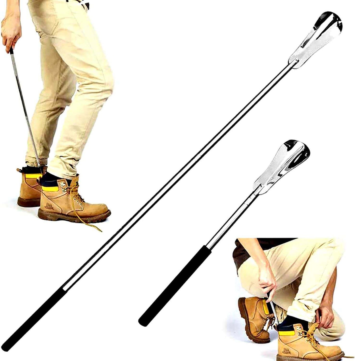 long shoe horn with adjustable handle, metal shoe horn for boots&shoes， feature image