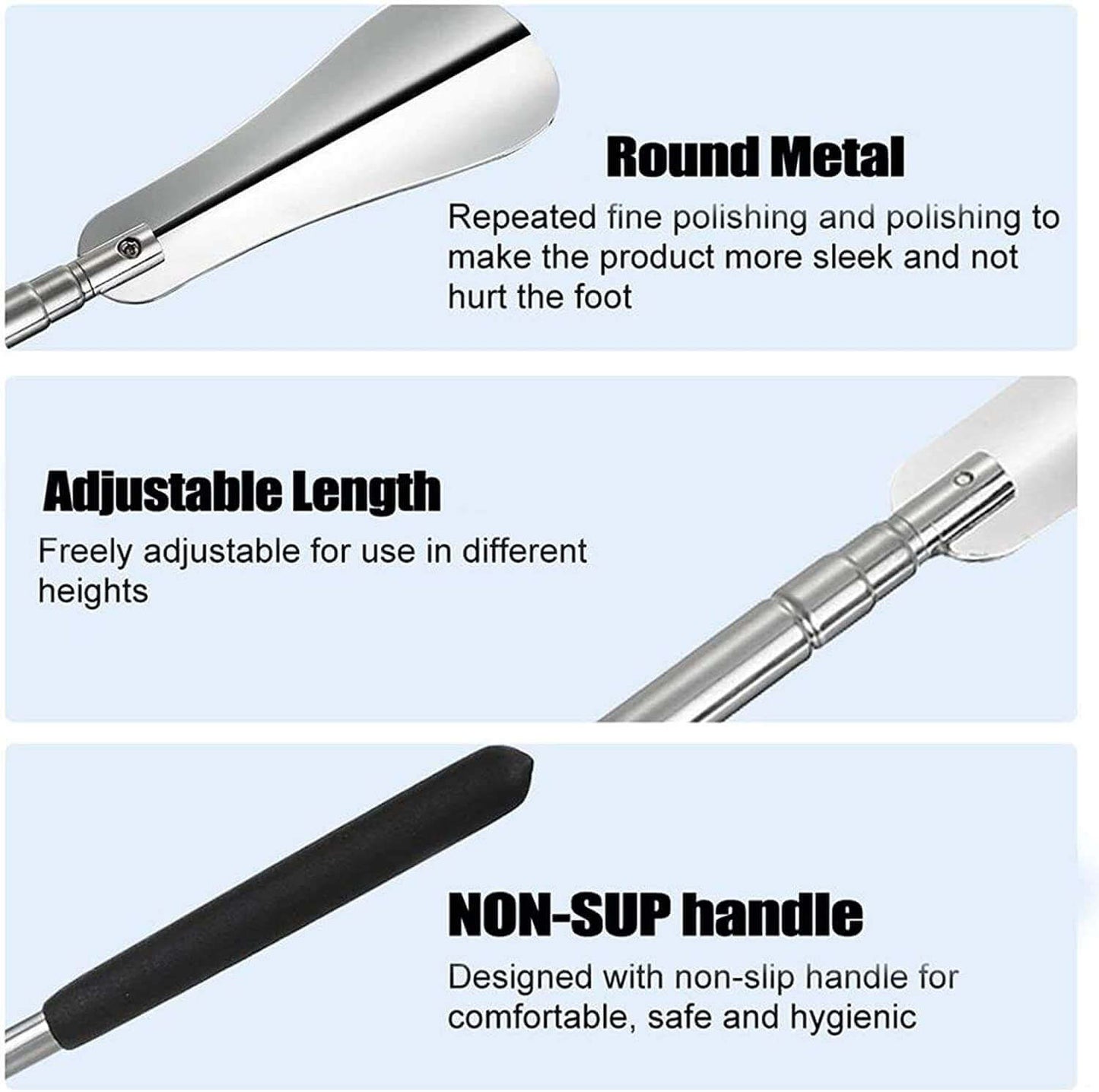 long shoe horn with adjustable handle, metal shoe horn for boots&shoes， product specification