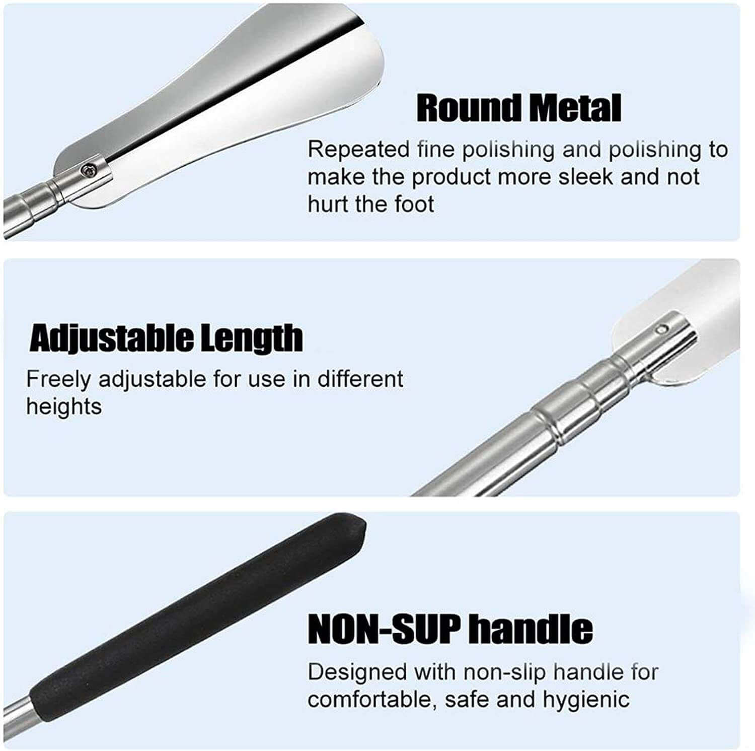 long shoe horn with adjustable handle, metal shoe horn for boots&shoes， product specification
